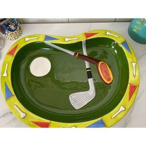 Clay Art Putting Green Hand Painted Ceramic Serving Platter 1998 Golf Theme‎